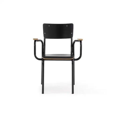 Modern black dining chair with metal frame and armrests.