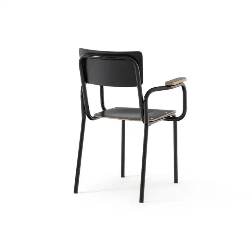 Modern black metal frame dining chair with wood seating for indoor and outdoor use.