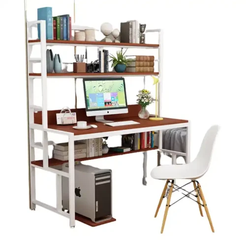 Table de travail à cadre métallique avec plateau en bois, équipée d'étagères intégrées et d'un bureau moderne, idéale pour salon ou bureau.