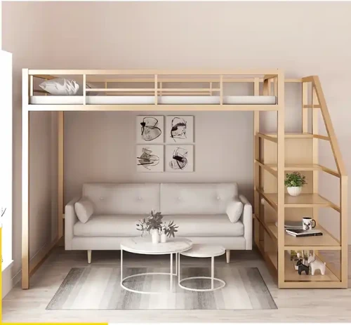 Moderne Luxus Design Treppenbett aus Metall mit Sofa und Regalen.