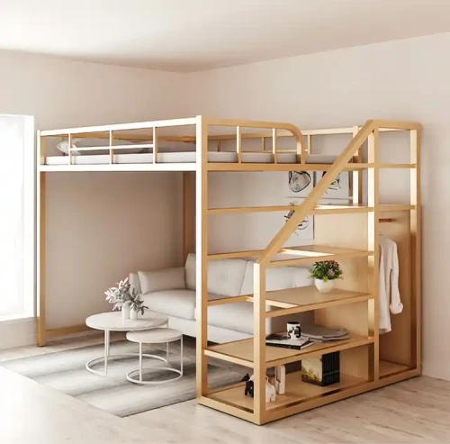 Modern luxury metal frame bedroom furniture for home office hotel, space-saving stair bed with integrated sofa and shelves.