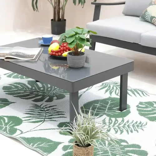 Salon moderne avec Ensemble de canapé d'intérieur en métal, table basse décorée de fruits et plante, sur tapis à motif floral.