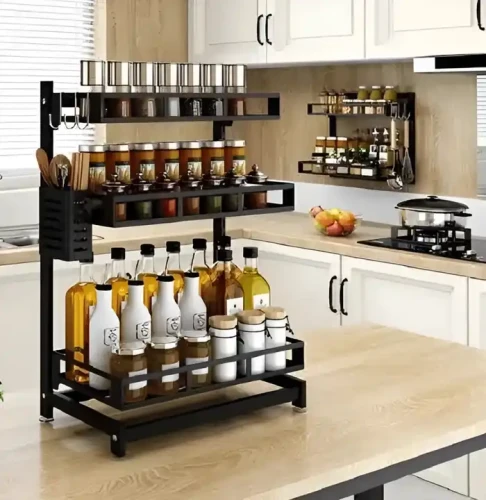 Compact Kitchen Display Shelf with Metal Frame for Bottles and Spices