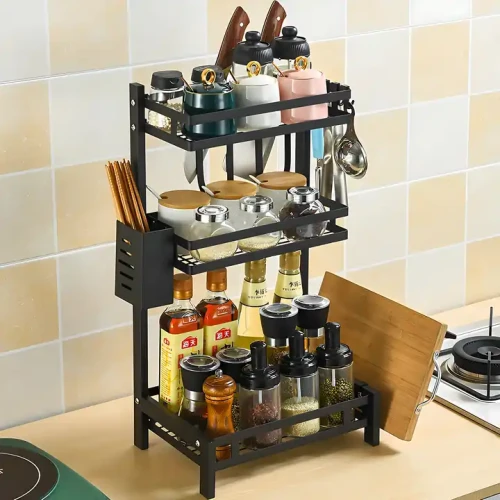 Modern Design Metal Frame Wine Liquor Spice Shelf in Kitchen.