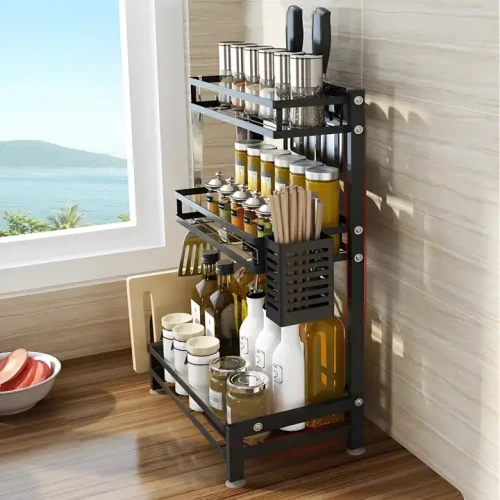 Modern Design Kitchen Display Shelf For Home Use Metal Frame Compact And Convenient Wine Liquor Spice Shelf Filled With Bottles And Utensils