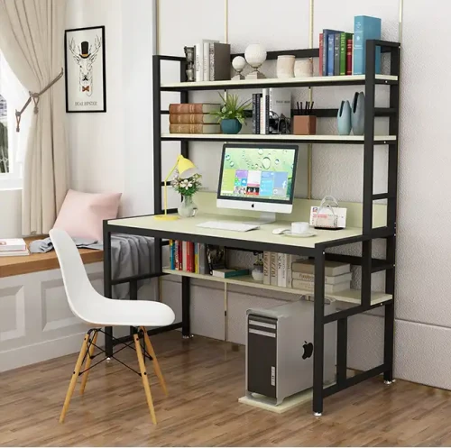 Office Computer Desks Indoor Home Furniture Metal Frame Wood Top Working Table with shelving and computer setup in living room.