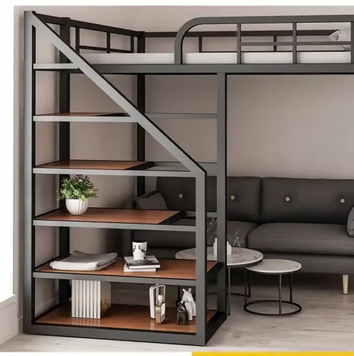 Moderner Metallrahmen für platzsparendes Sofa und Treppenbett.