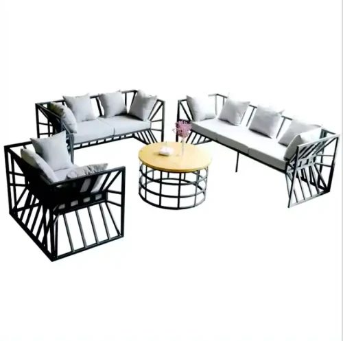 Modern 4-piece metal frame sofa set with mattress for living room or hotel.