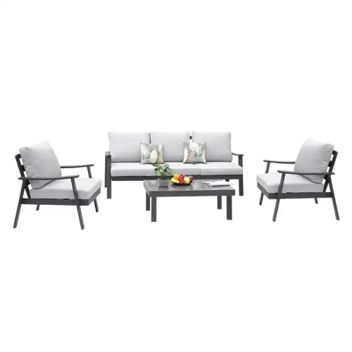 Graues Moderne Ecksofagarnitur für das Wohnzimmer mit Metallgestell und Tisch.