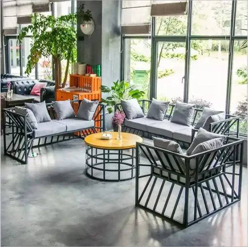Modern Metal Frame Sofa Set with Gray Cushions in Living Room.