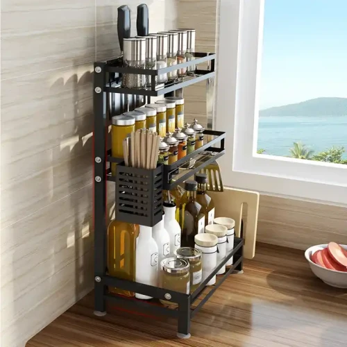 Modern Design 3 Layer Display Shelf For Wine Liquor Spice Kitchen Tools Metal Frame Compact And Convenient Storage Shelf on a kitchen counter.