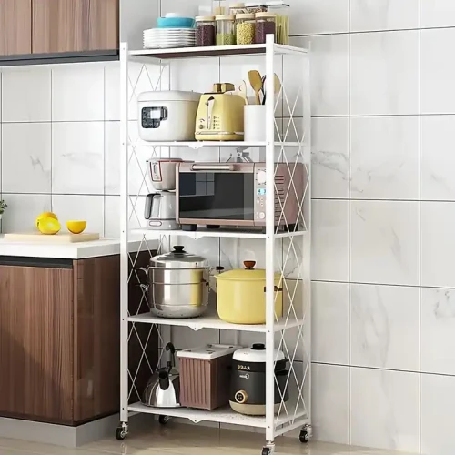 Modern Kitchen Storage Shelf Metal Frame 5-layer Foldable Storage Holders With Lock in a kitchen
