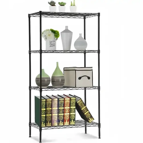 Modern Design Metal Frame 4-layer Bookshelf with decorative items for bedroom or living room.