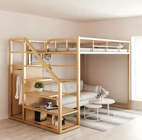 Lit à cadre en métal avec espace pour canapé en dessous, design moderne.