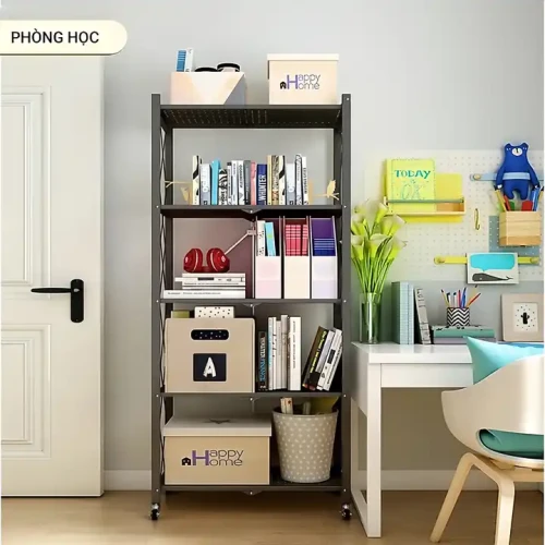 Metal Frame 5-layer Foldable Storage Shelf With Lock in a modern kitchen or warehouse setting