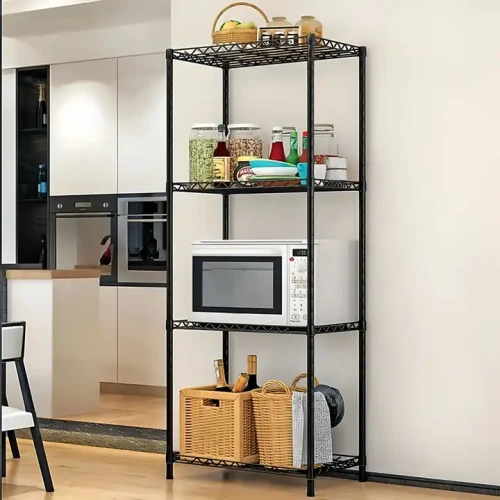 Modern Design Metal Frame 4-layer Bookshelf in kitchen with microwave and various kitchen items