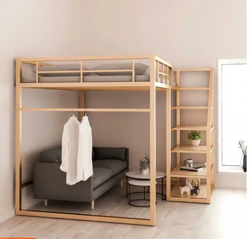 Lit escamotable de luxe avec escalier intégré, cadre en métal et espace pour canapé.