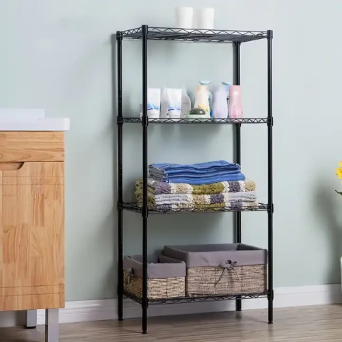 Modern Design Metal Frame 4-layer Bookshelf in bedroom with towels and storage baskets, ideal for living room decoration.