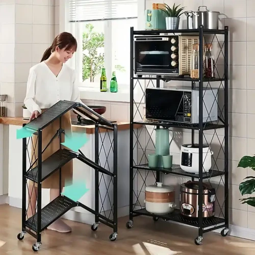 Foldable Metal Frame 5-layer Storage Shelf for Kitchen and Warehouse with Lock.