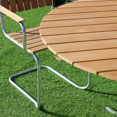 Stackable dining chairs with metal frames and wooden seating.