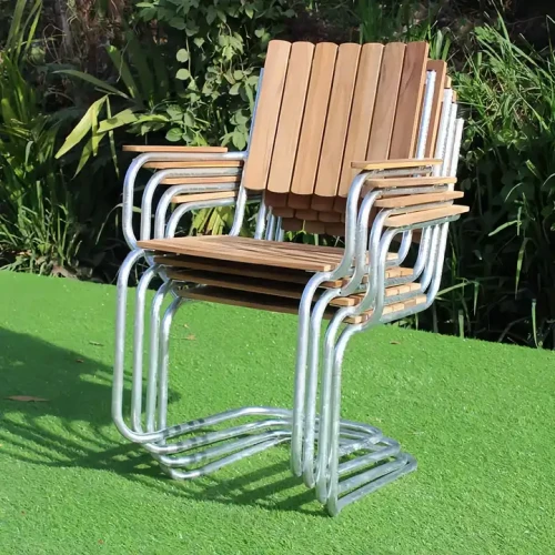 Stacked indoor dining chairs with modern luxury design, metal frame, and wooden seating for home use.