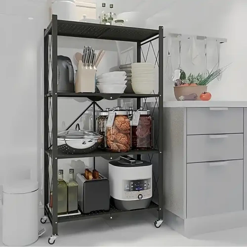 Modern Kitchen Metal Frame Shelf With Key Lock 5-layer Foldable Storage Holder filled with kitchenware and food jars.