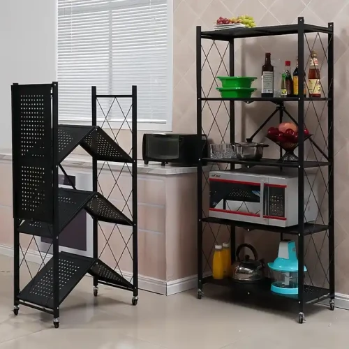 Modern Metal Frame Kitchen Shelf With Key Lock Space-saving Storage Shelf showcasing folded and assembled 5-layer versions in a kitchen environment