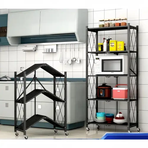 Modern Metal Frame Kitchen Shelf For Kitchen Warehouse Key Lock Space-saving 5-layer Foldable Storage Holder Storage Shelf in use with kitchen appliances and utensils.