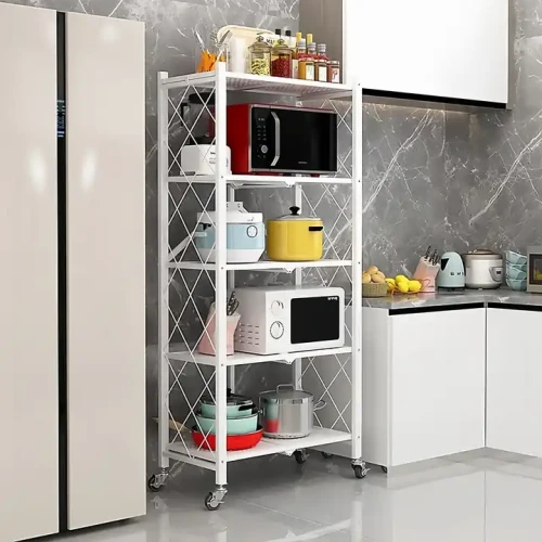 Modern 5-layer Foldable Storage Holder Metal Frame Kitchen Shelf with appliances and kitchenware