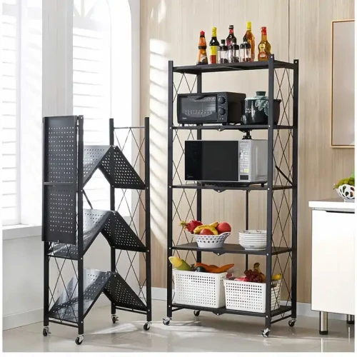 Étagère de rangement moderne à 5 niveaux en métal avec support pliable et verrouillage, idéale pour la cuisine.