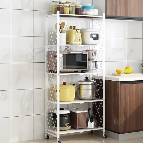 Modern 5-layer Foldable Storage Holder Metal Frame Kitchen Shelf with various kitchen appliances