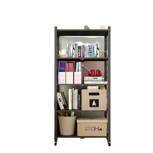 Metallregal mit mehreren Ebenen und Stauraum für Bücher und Boxen.