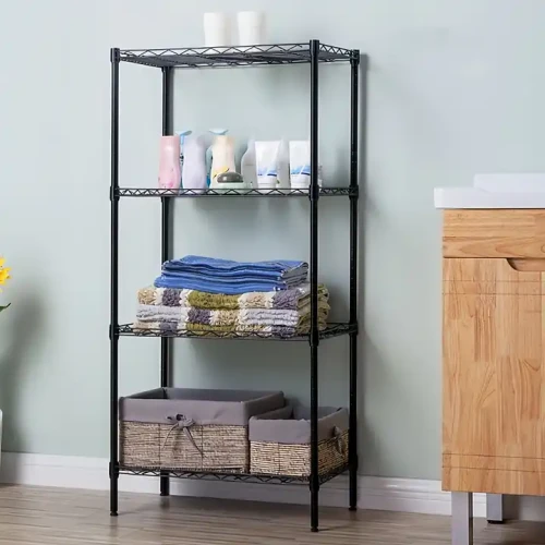 Handmade 4-Layer Bookshelf Modern Design Indoor Outdoor Metal Frame Furniture with Towels and Bathroom Essentials.