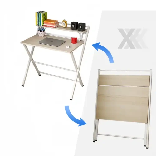 Table d'étude pliable en métal avec étagère, design moderne, montrée dépliée et pliée.