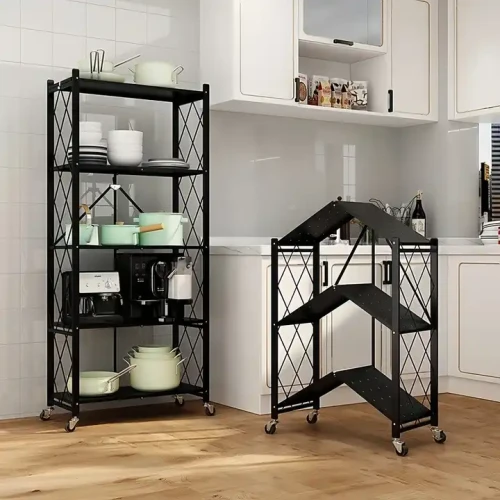 Modern 5-Layer Foldable Metal Frame Kitchen Rack Space-Saving Storage Shelf with Key Lock