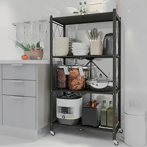 Modern 5-Layer Foldable Metal Frame Kitchen Rack With Wheels, organized with kitchen items including bowls, jars, and appliances