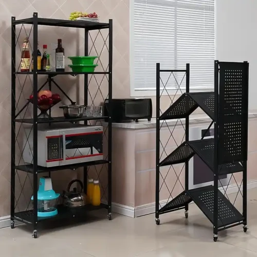 Modern 5-layer foldable metal kitchen rack with key lock tool, space-saving storage shelf