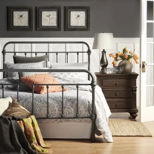 Hotel Use Living Room Modern Luxury Single Sturdy Metal Bed with Decorative Pillows and Nightstand in Elegant Bedroom Setting