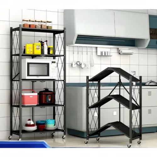Space-Saving Foldable Metal Frame Kitchen 5-Layer Rack with Wheels
