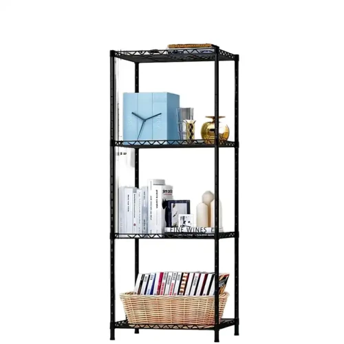 Modern 4-layer metal frame shelf with books, clock, decorative items, and a wicker basket.