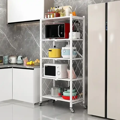 Space-Saving Key Lock Tool Attached Foldable Metal Frame Kitchen 5-Layer Rack in modern kitchen setting