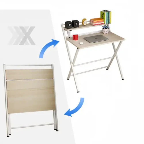 Foldable metal study table for home office and bedroom use.