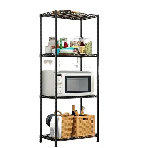 Bookcase For Indoor Outdoor Living Room Dining Kitchen Modern 4-Layer Metal Frame Shelf For Home Bar with various items and microwave.