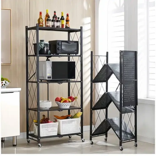 Space-Saving Standing Type Storage Shelf With Wheels Key Lock Tool Attached Foldable Metal Frame Kitchen 5-Layer Rack in black with different kitchen items placed on each shelf