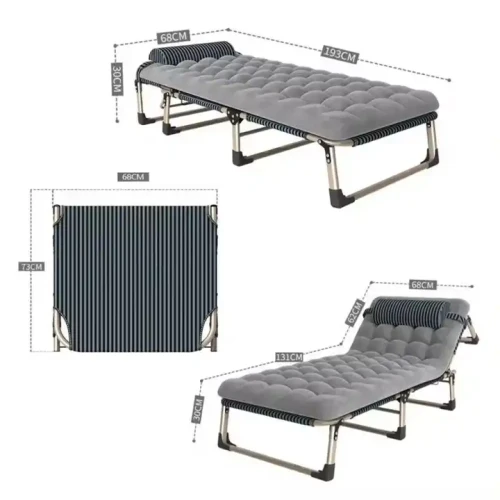 Lit en métal pliable avec matelas gris, design moderne pour dortoir ou hôpital.