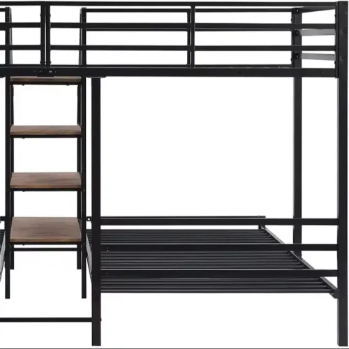 Metal bunk bed frame with wooden steps.
