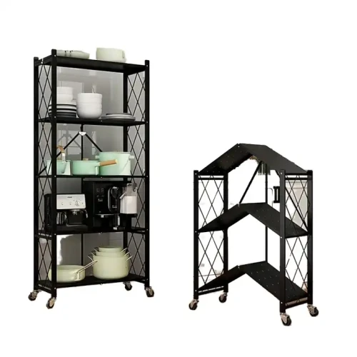 Space-Saving Standing Type Kitchen 5-Layer Rack Key Lock Tool Attached Foldable Metal Frame Storage Shelf With Wheels in open and folded position.