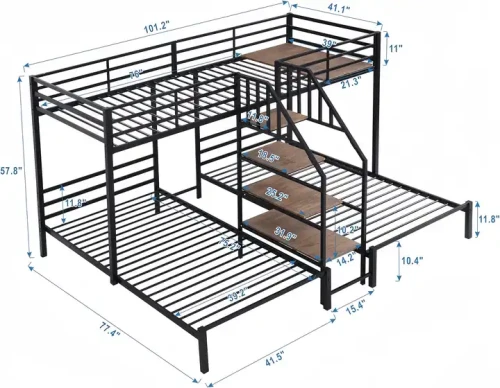 Metal bunk bed with built-in stairs and under bed storage dimensions.