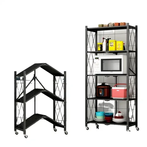 Space-Saving Movable Standing Type Kitchen 5-Layer Rack Key Lock Foldable Metal Frame Storage Shelf With Wheels Attached