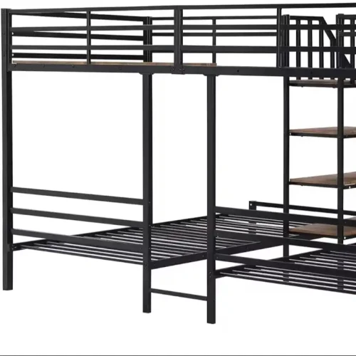 A metal bunk bed frame with integrated shelves.
